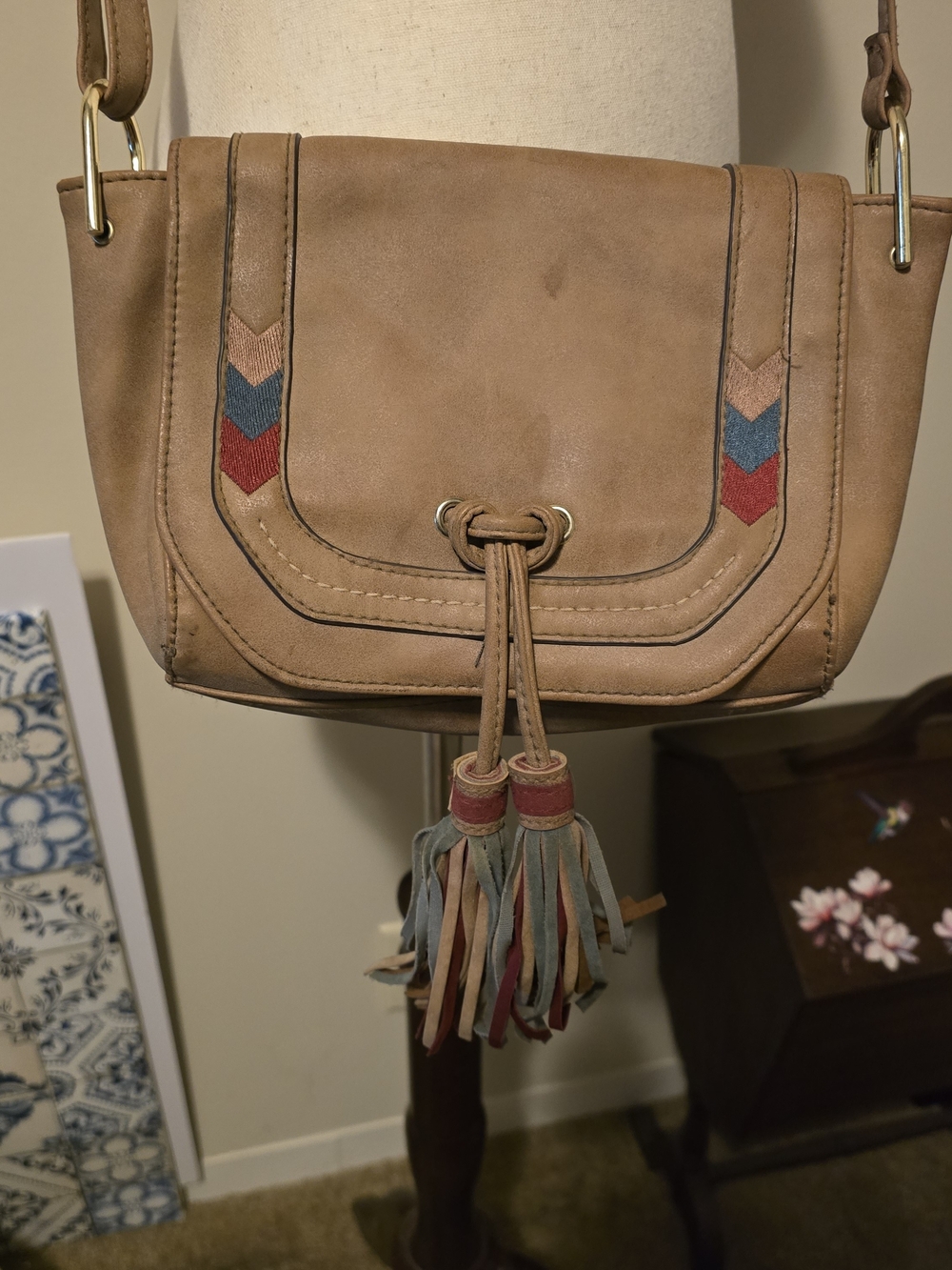 Tan Faux Leather Tassel Crossbody Bag